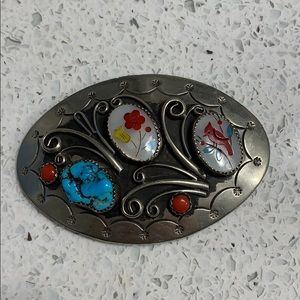 Silver belt buckle with turquoise & coral details